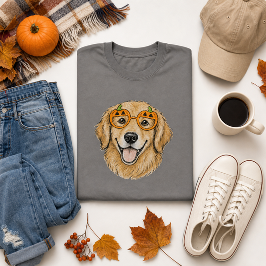 Golden Retriever Wearing Pumpkin Sunglasses