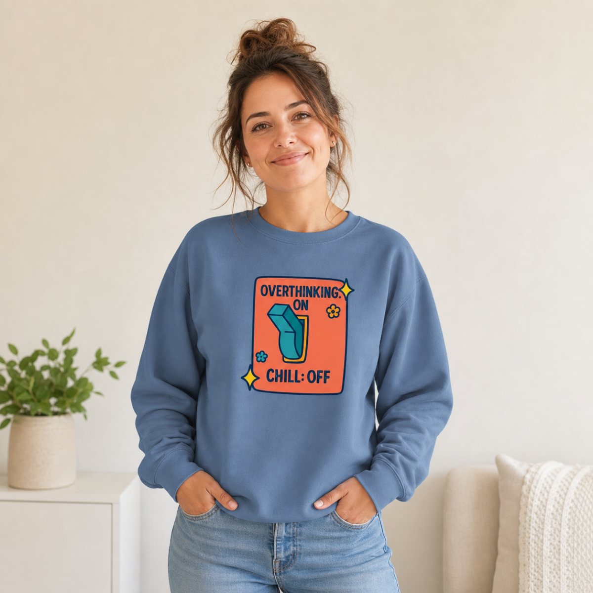 Overthinking On, Chill Off | Retro Style Crewneck Sweatshirt